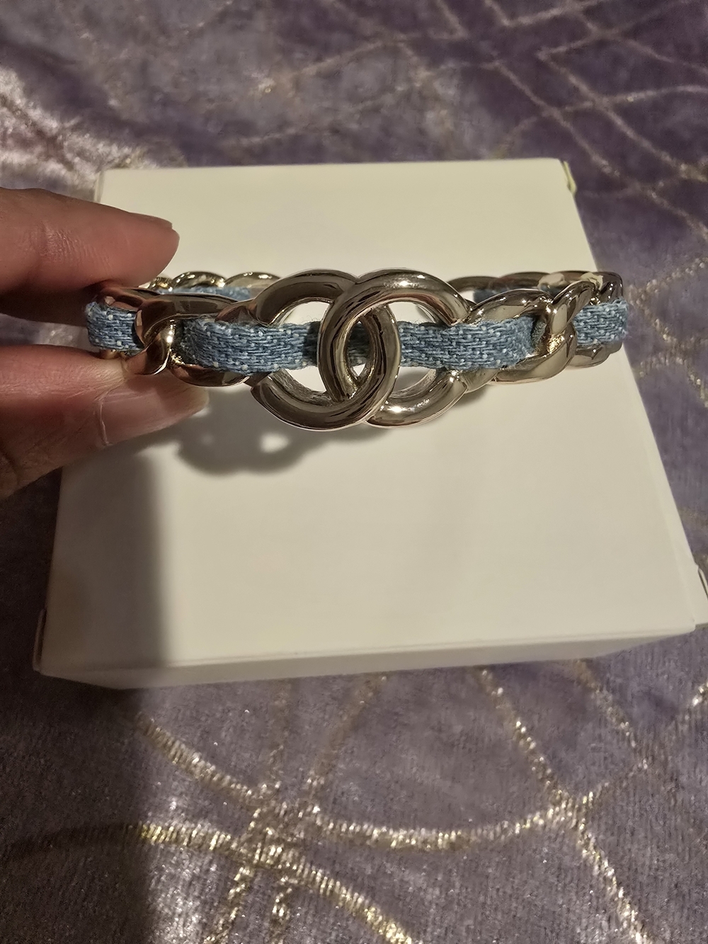 Chanel Silver Chain Bracelet with Light Blue Woven Band